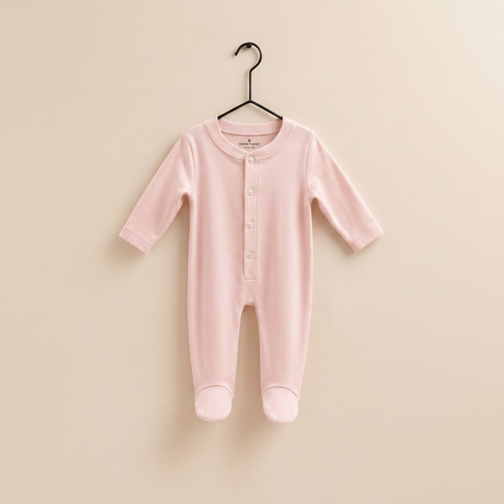 A light pink long-sleeve baby footed romper with a buttoned henley neckline, hanging on a wooden hanger against a solid beige background.