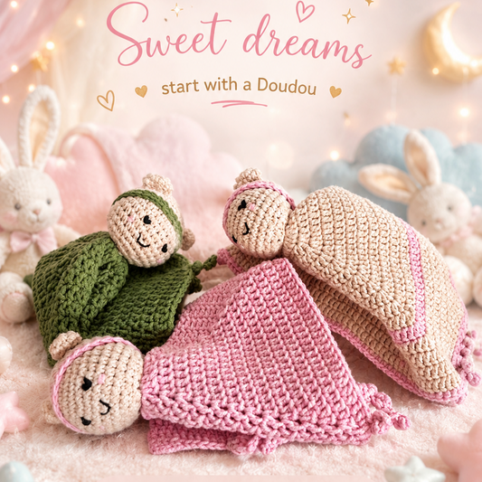 A soft pastel promotional image for a crocheted baby lovey and blanket set. Two handmade crochet bear-shaped baby toys are shown nestled in a pink knitted blanket, surrounded by plush white rabbits and pastel decorative elements.