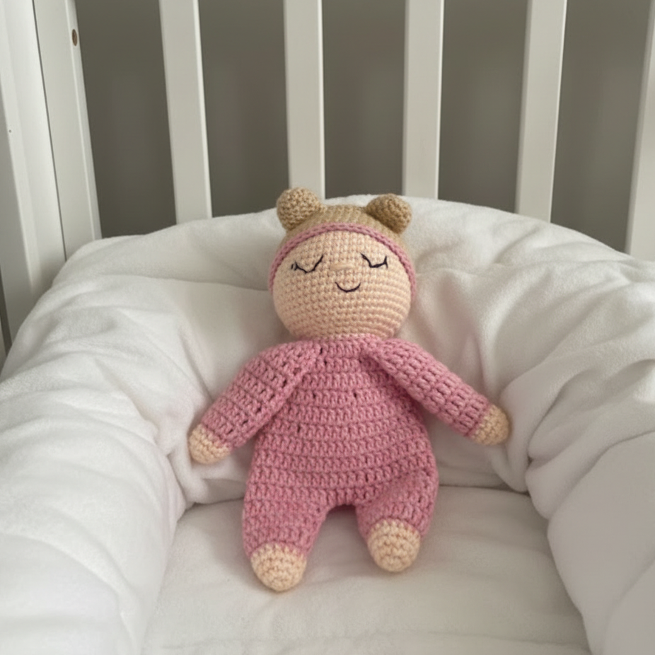 A handmade crocheted doll wearing a pink outfit and a beige bonnet, resting on a bed of sheer white tulle fabric.