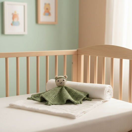 A handmade crocheted comforter featuring a sage green wing and a small cream-colored crocheted face with embroidered black eyes and mouth, resting on white tulle fabric.
