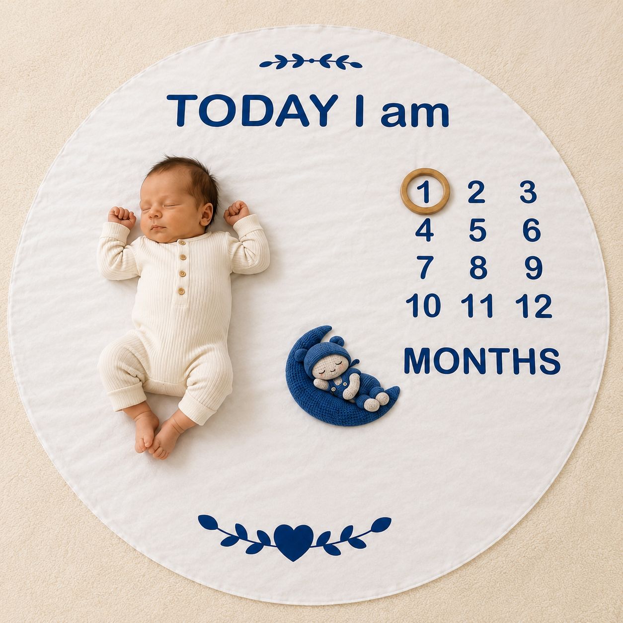 A circular baby milestone blanket on a beige background, featuring a sleeping newborn baby in a cream onesie, a blue crescent moon and doll, and a printed calendar showing days 1 through 12 with the text 'TODAY I am' and 'MONTHS'.