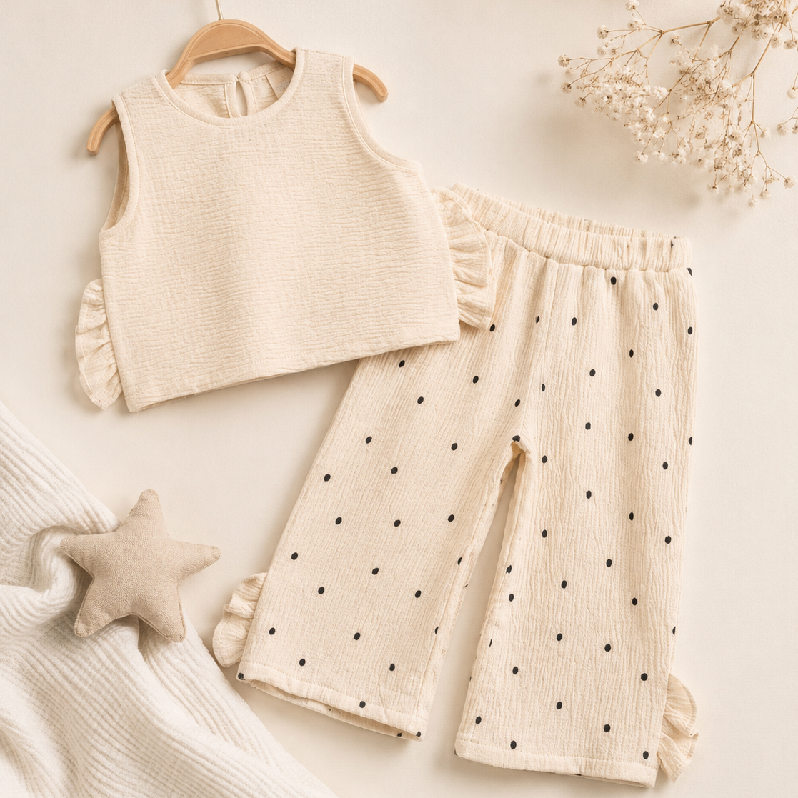 A baby girl's two-piece outfit set featuring a textured cream sleeveless top with ruffle details on the sleeves and matching cream pants with black polka dots and ruffle hems, displayed on a wooden hanger against a warm cream background with decorative dried flowers and a star toy.