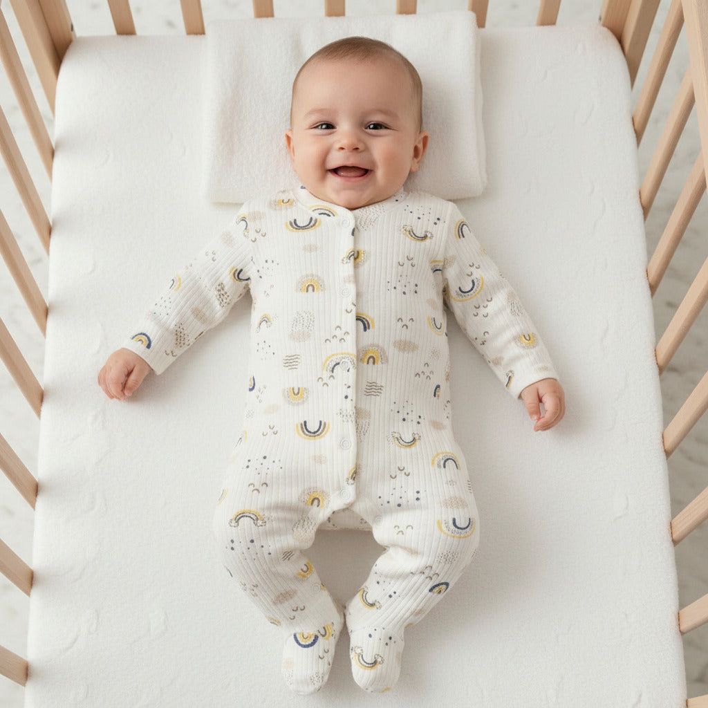 A baby lying on their back wearing a cream-colored ribbed footed sleeper with a small rainbow and cloud pattern, set against a plain light background.
