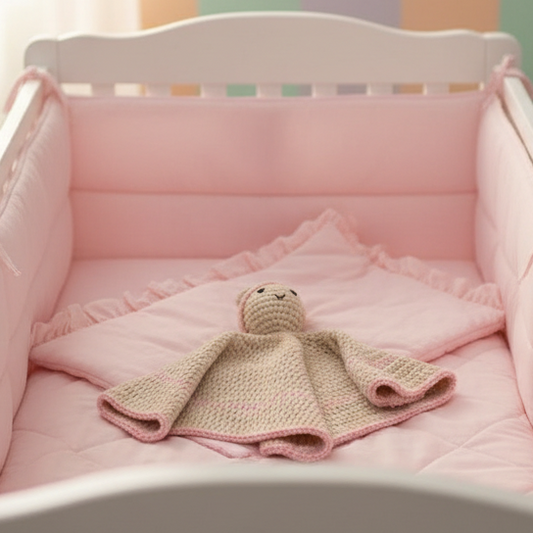 A handmade crochet baby security blanket featuring a beige body with pink trim and a small knitted head with embroidered facial features, resting on white tulle.