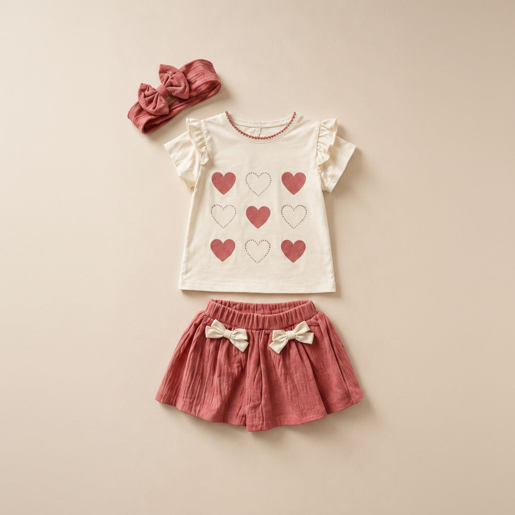 A toddler girl's three-piece outfit set featuring a cream short-sleeve top with pink heart prints, dusty rose shorts with white bow details, and a matching dusty rose headband, laid flat on a beige background.