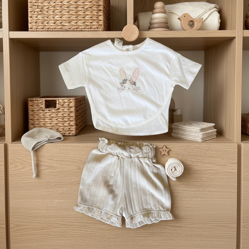 A toddler girl's two-piece outfit set consisting of a white short-sleeve crop top with a bunny graphic and cream-colored ribbed shorts with ruffle trim, displayed on a wooden shelf with decorative toys.