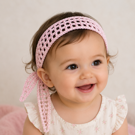 A smiling baby girl wearing a light pink crocheted headband with side ties and a cream-colored ruffle-sleeve dress with a subtle pink floral pattern.