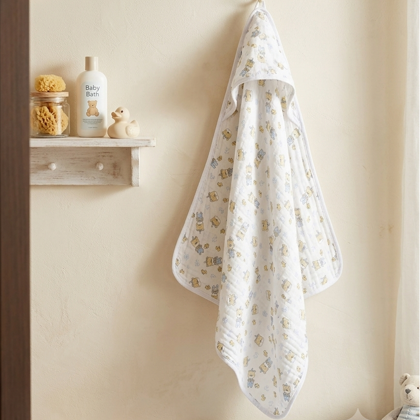 A white muslin baby towel with a small gold and green floral pattern hangs from a wooden wall hook in a softly decorated nursery. The background features a beige wall with warm string lights, a small wooden shelf with baby accessories, and plush teddy bears on a changing table.