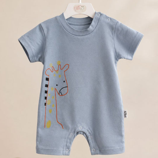 A baby short-sleeve romper in light blue, hanging on a white hanger. The romper features a simple line-art giraffe design on the left side with yellow spots and a black-and-white striped neck.