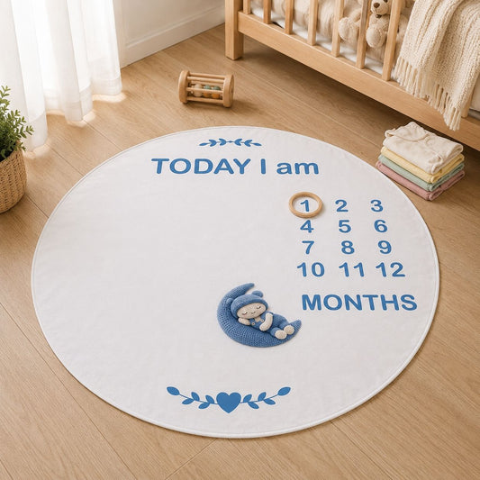 A round white baby milestone rug on a light wood floor in a nursery setting. The rug features blue text reading 'TODAY I am' and 'MONTHS' with a grid of numbers 1 through 12, a small blue crescent moon and baby figure, and blue decorative leaf motifs.