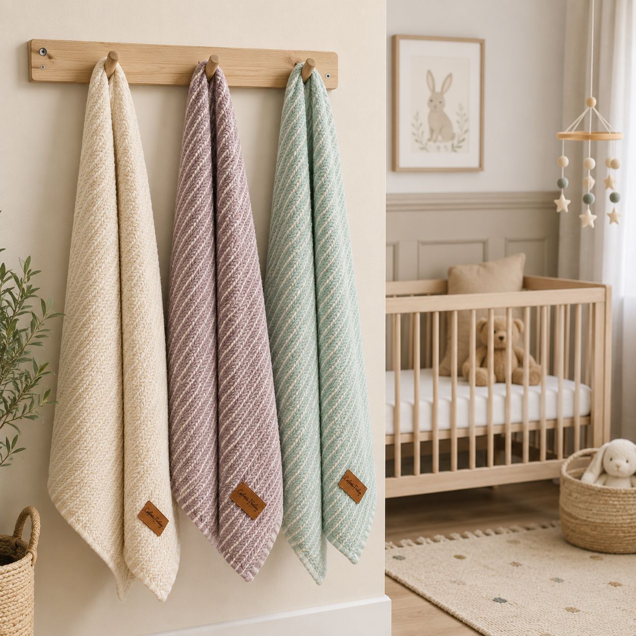 Three textured baby washcloths in cream, dusty mauve, and mint green hang from a wooden rack in a softly styled nursery. The nursery background includes a wooden crib, a framed bunny print, a hanging mobile, and a woven basket with a plush toy.