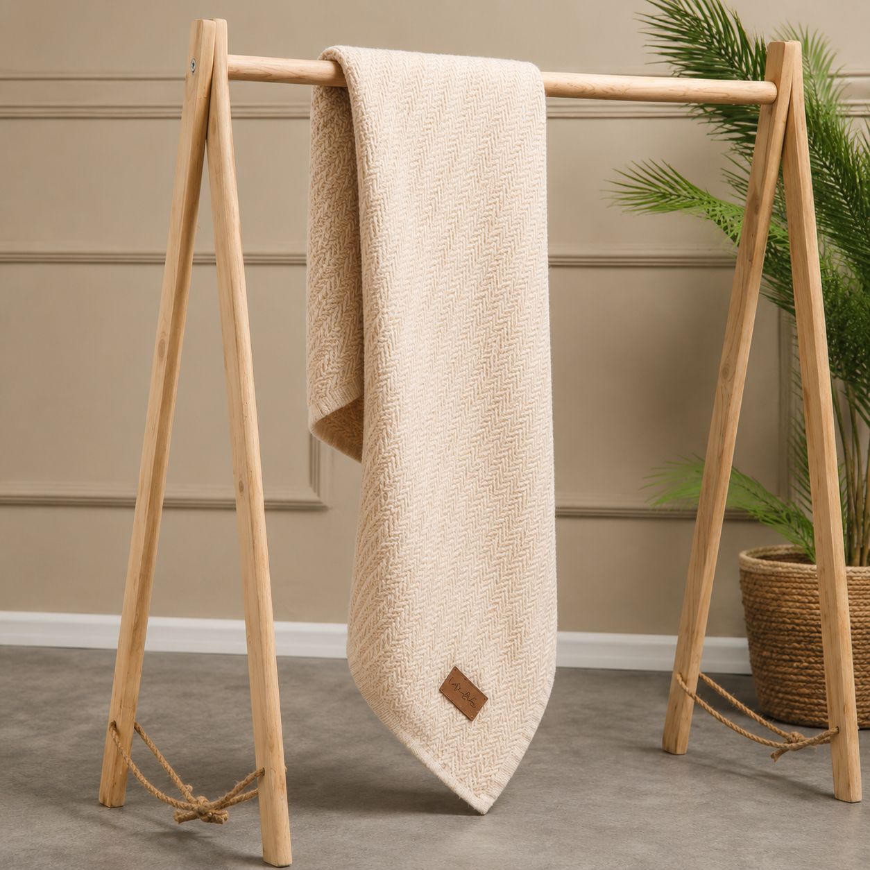 A textured cream-colored throw blanket with a small brown leather patch is draped over a light natural wood A-frame stand in a styled room setting with a potted plant in the background.