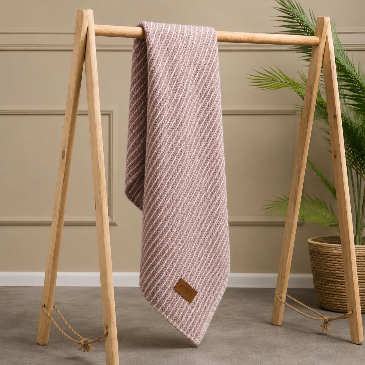 A textured, woven throw blanket in a dusty rose and cream pattern hangs from a light natural wood A-frame stand. The scene is styled with a potted palm in the background against a beige paneled wall.