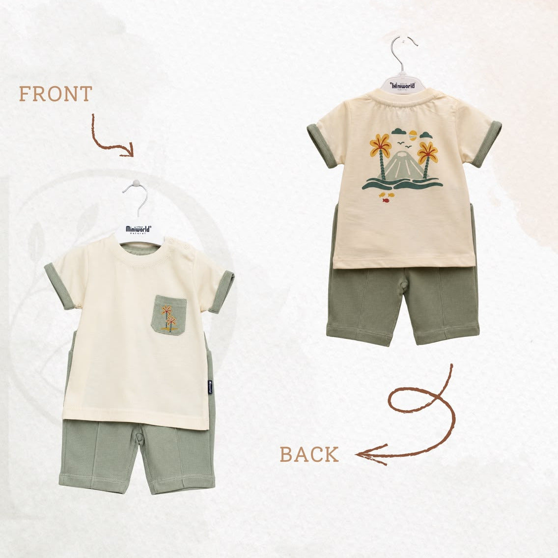 A children's boy outfit set shown in front and back views on hangers against a soft off-white background. The set includes a cream short-sleeve top with sage green sleeves and shorts, plus a matching green chest pocket on the front view.