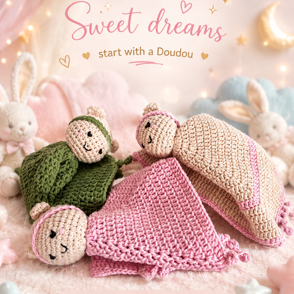 A soft pastel promotional image for a crocheted baby lovey and blanket set. Two handmade crochet bear-shaped baby toys are shown nestled in a pink knitted blanket, surrounded by plush white rabbits and pastel decorative elements.