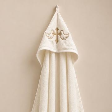 An off-white hooded towel with a small embroidered design on the hood, hanging against a solid beige background.