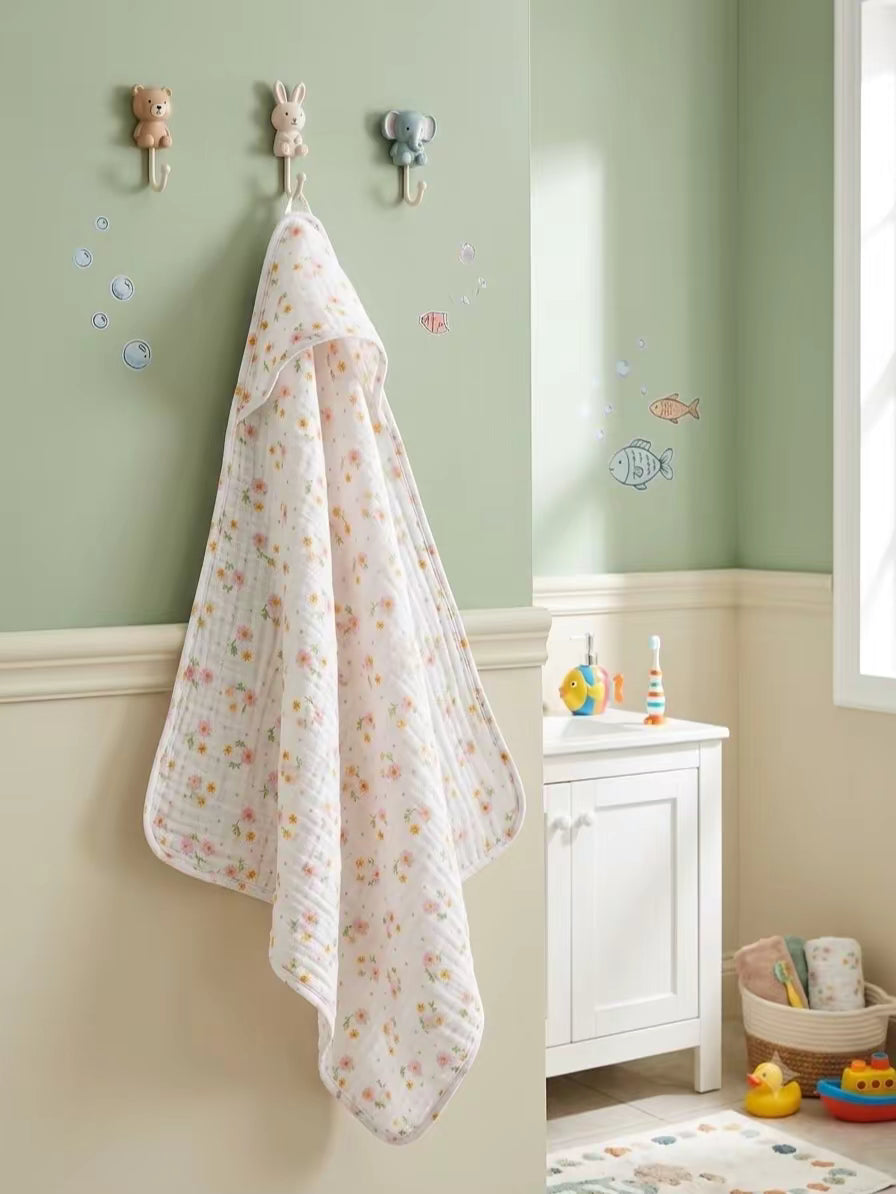 A soft white muslin baby towel with a delicate pink and yellow floral print hangs from a decorative wall hook in a styled nursery bathroom setting.