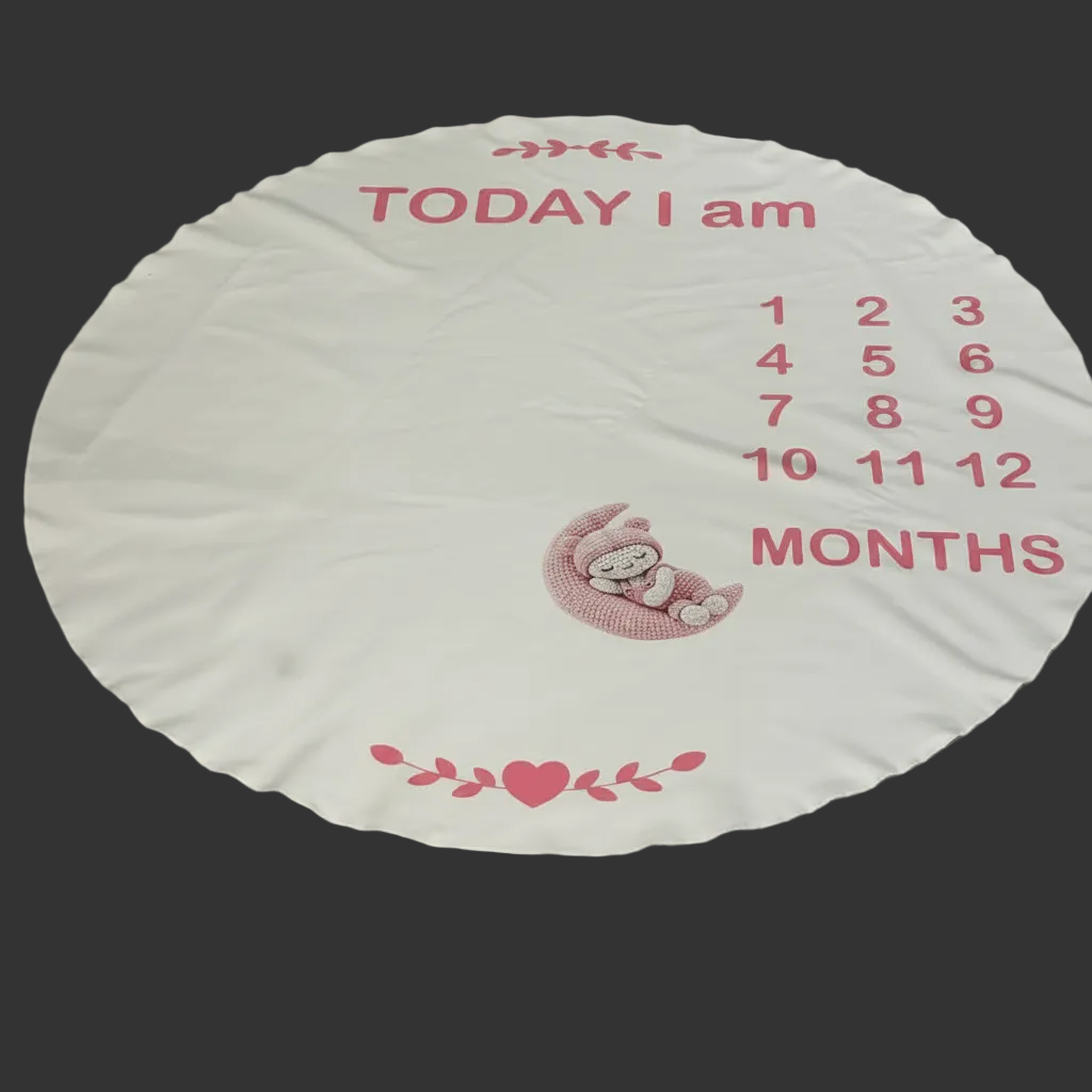 A round white baby milestone floor mat printed with pink text reading 'TODAY I am' and 'MONTHS', a numbered age tracker from 1 to 12, a small pink bunny illustration, and decorative pink floral accents, placed on a beige tiled floor.