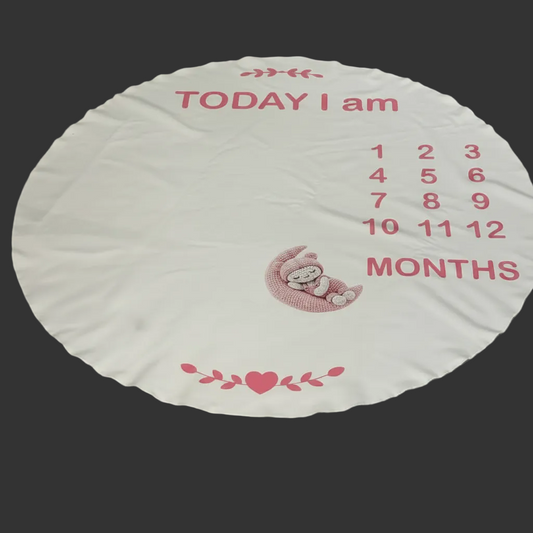 A round white baby milestone floor mat printed with pink text reading 'TODAY I am' and 'MONTHS', a numbered age tracker from 1 to 12, a small pink bunny illustration, and decorative pink floral accents, placed on a beige tiled floor.