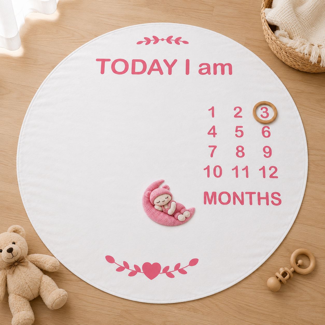 A round white baby milestone calendar mat on a light wood floor, featuring pink text that reads 'TODAY I am' and 'MONTHS' with numbered days 1 through 12, a small pink knitted baby figure on a crescent moon, and decorative pink floral accents. A teddy bear, woven basket, and wooden rattle are placed around it.
