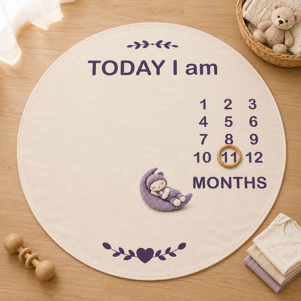 A round baby milestone rug laid flat on a light wood surface, featuring the text 'TODAY I am' and 'MONTHS' with numbered days of the week and a wooden ring marker. The rug is cream-colored with purple text and graphics, decorated with a small sleeping baby doll illustration.