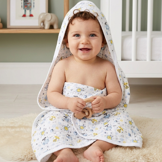 A baby wrapped in a white hooded towel with a small yellow and blue floral print, sitting on a fluffy cream rug in a nursery setting.