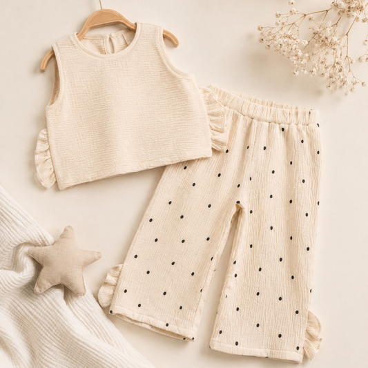A baby girl's two-piece outfit set featuring a textured cream sleeveless top with ruffle details on the sleeves and matching cream pants with black polka dots and ruffle hems, displayed on a wooden hanger against a warm cream background with decorative dried flowers and a star toy.