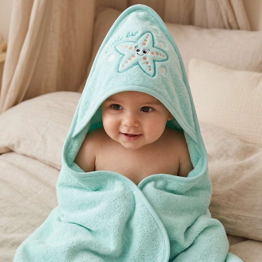 A baby wrapped in a mint green hooded towel, sitting on a beige bed. The towel features a starfish design on the hood.
