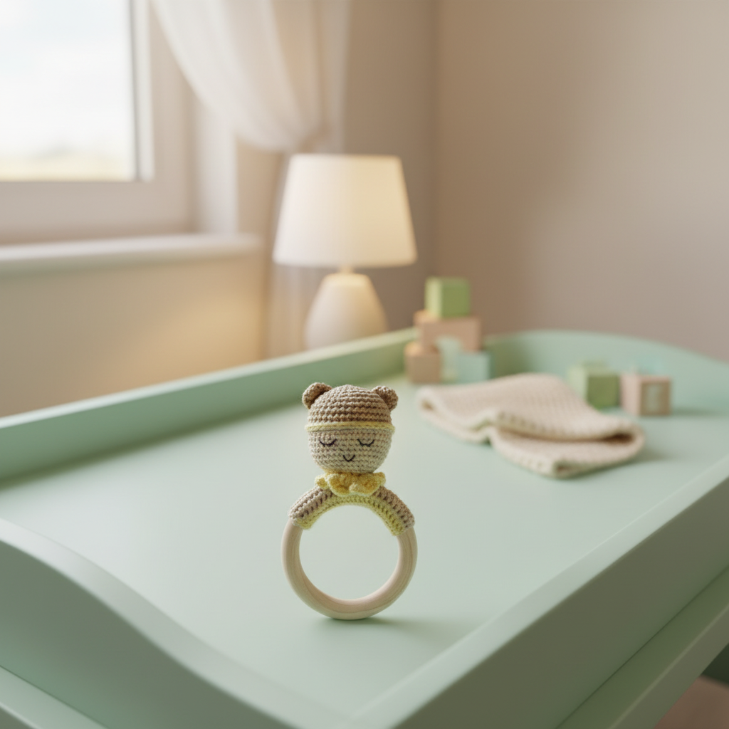 A handmade baby teething ring featuring a knitted teddy bear with a yellow scarf and a natural wood ring, resting on a piece of sheer white tulle fabric.