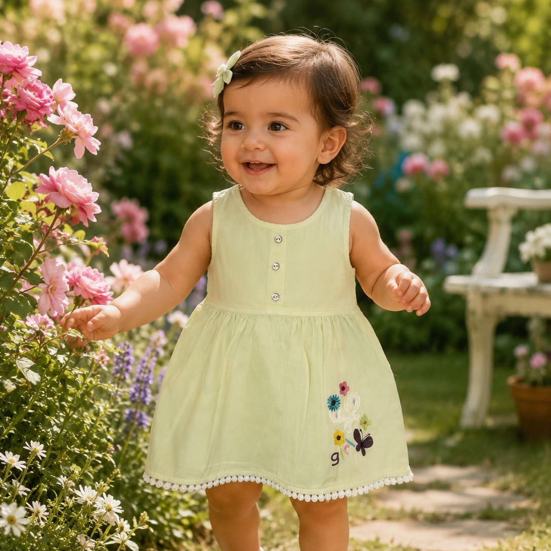 A toddler girl wearing a pale yellow sleeveless dress with white shoes stands on a garden path surrounded by pink flowers and green foliage.