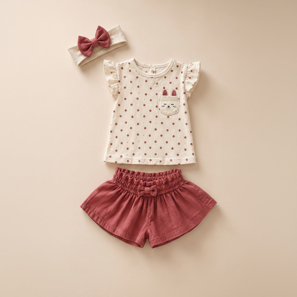 A baby girl's three-piece outfit set featuring a white short-sleeve top with pink polka dots and a bunny pocket, dusty rose shorts, and a matching headband with a bow, laid flat on a beige background.