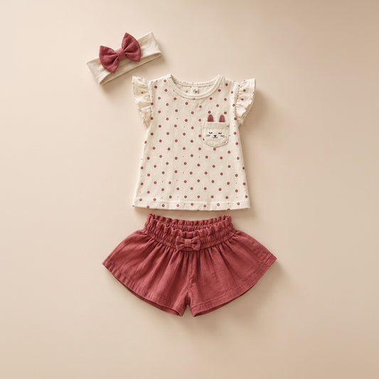 A baby girl's three-piece outfit set featuring a white short-sleeve top with pink polka dots and a bunny pocket, dusty rose shorts, and a matching headband with a bow, laid flat on a beige background.
